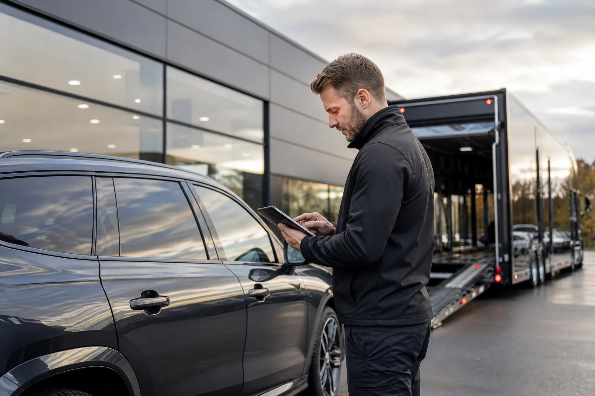 Professional vehicle handover beside a car